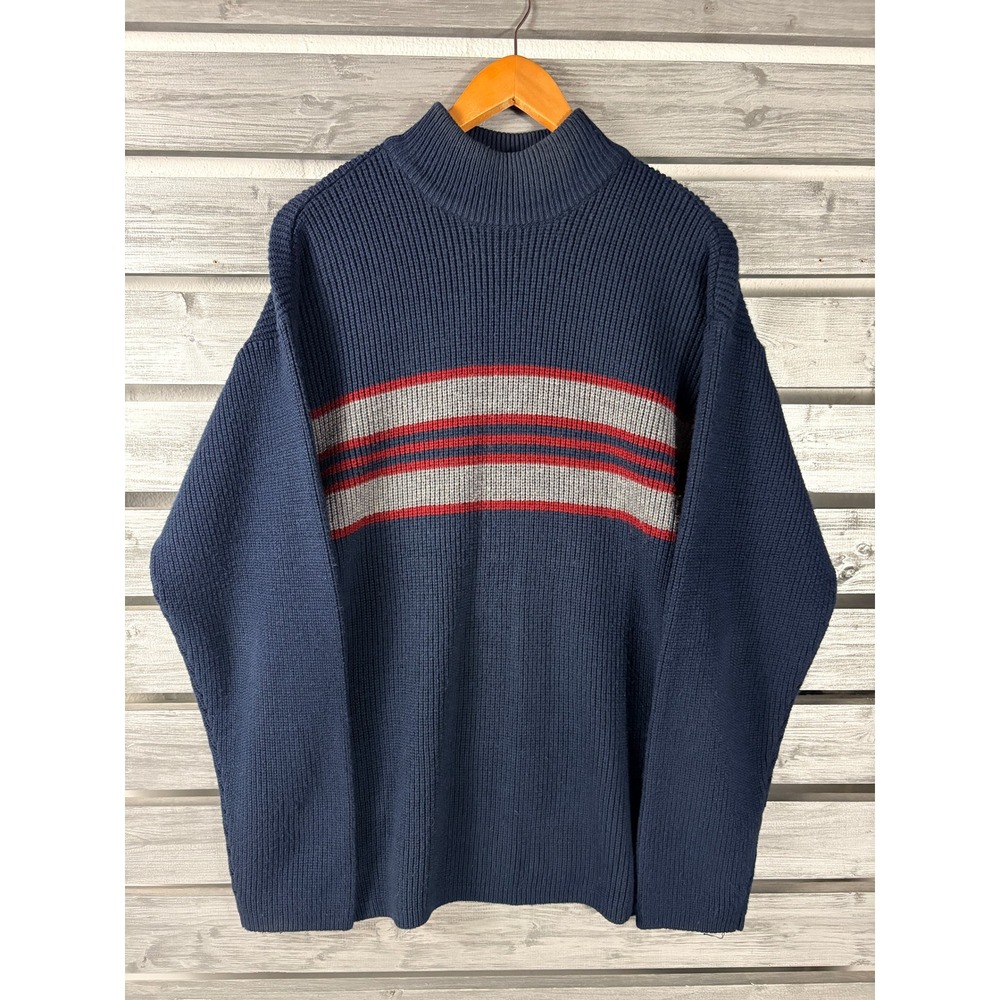 Vintage 90s Aeropostale Mens Navy Blue Ribbed Mock Neck Striped Sweater L/XL